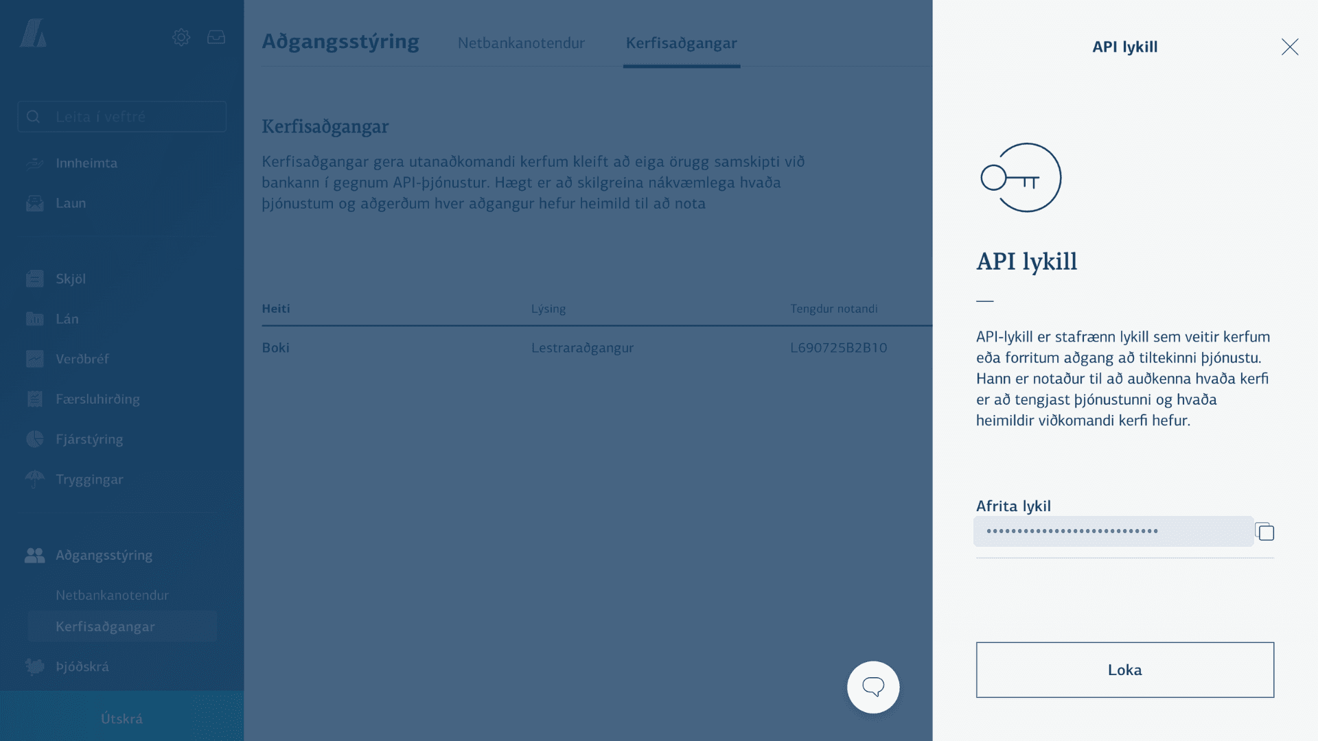 Glugginn API lykill með afritunartákni við lykilinn