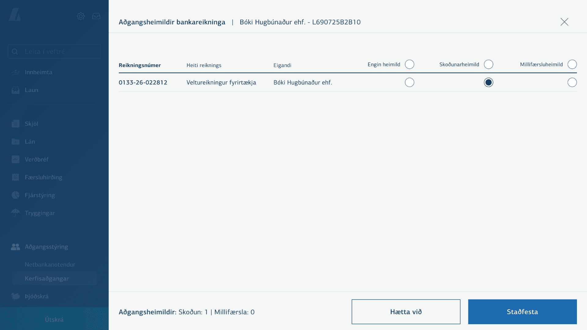 Aðgangsheimildir bankareikninga — Skoðunarheimild valin